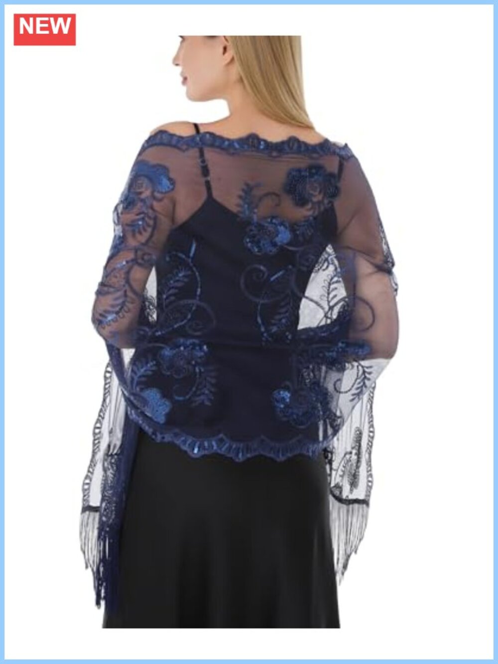 Sheer Chiffon Shawl Wrap Sequin Floral Evening Scarf with Fringe